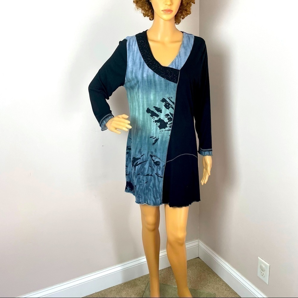 Parsley & Sage Boho Embroidered Mini Dress – Black & Blue, Size Medium